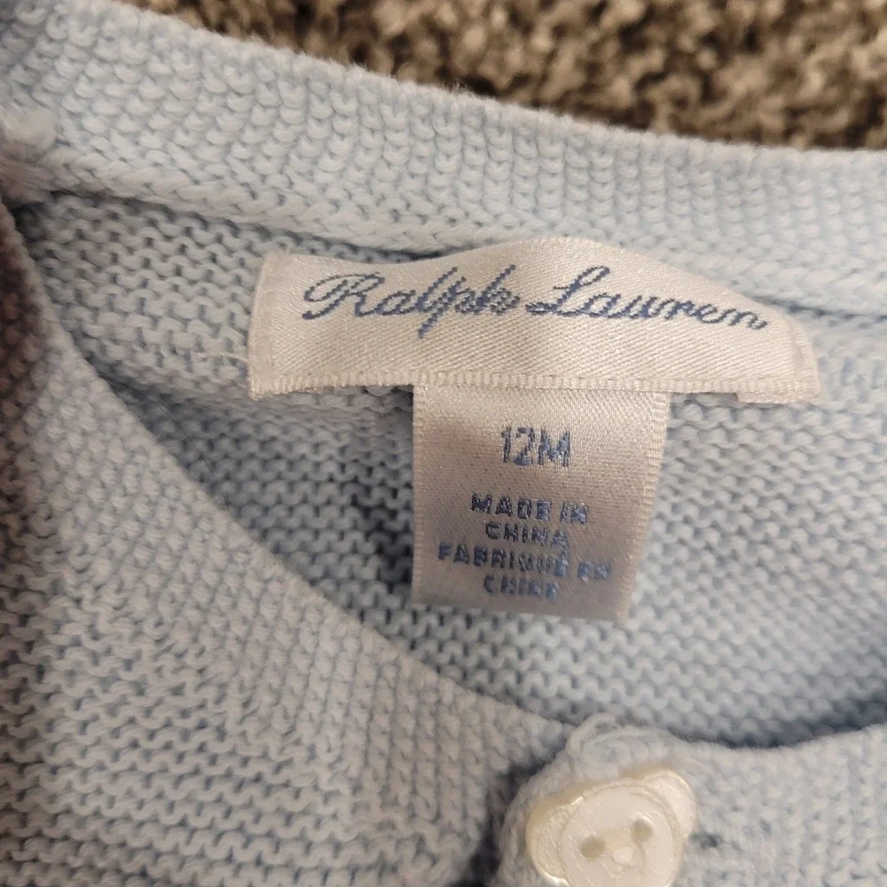 Ralph Lauren Baby Boy Light Blue Cotton Knit Cardigan Sweater Bear Buttons 12M